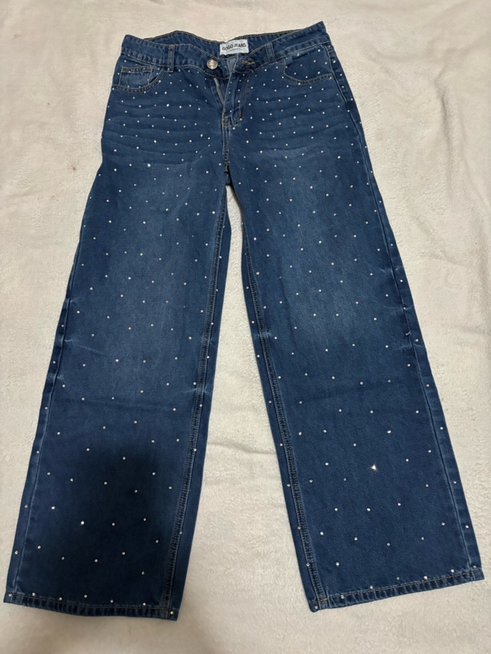 GOGO Dark Blue Wide-Leg Jeans with Rhinestone Detail